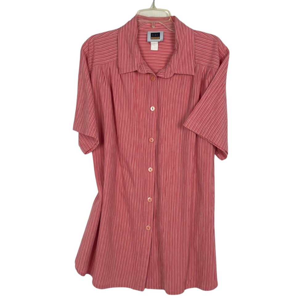 Vtg CST Sport Ladies Crinkle Cotton Coral Rose Short Sleeve Button-up Blouse 2X